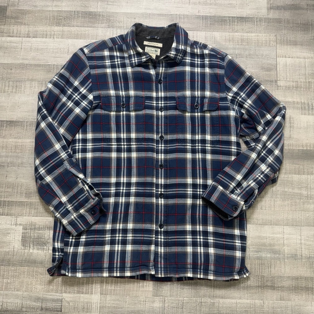 LL Bean Flannel Shirt Mens Medium Plaid Fleece Lined Pocket Jacket Shacket